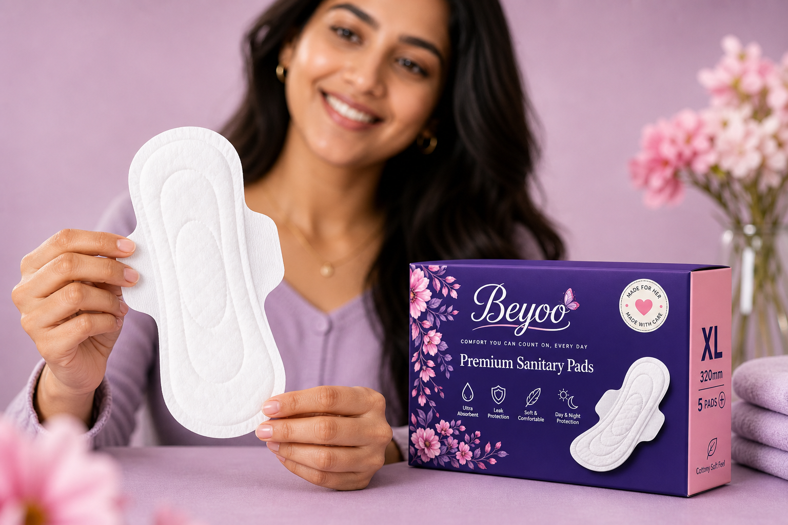 BeYoo sanitary pad detail with smiling woman
